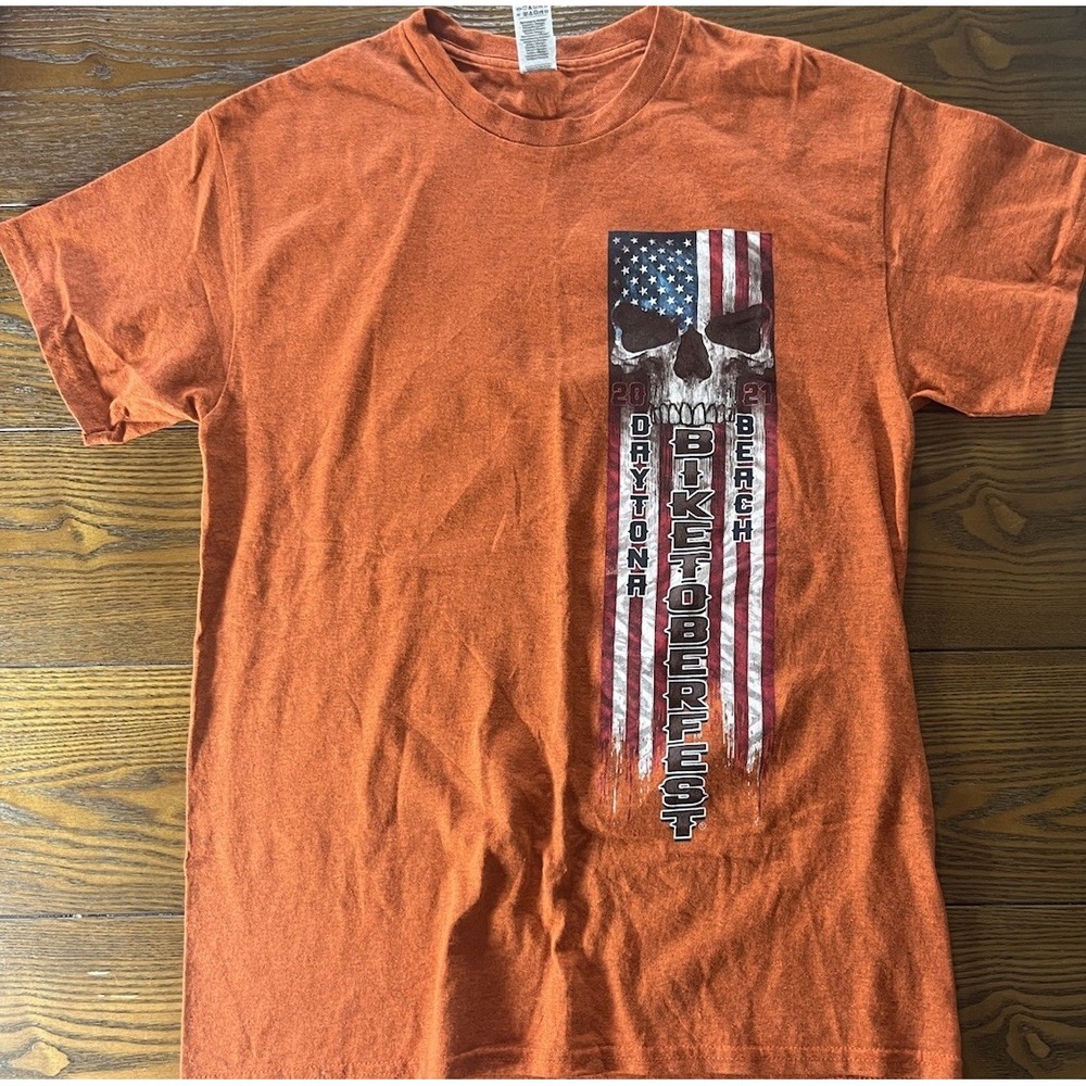 2021 Biketoberfest Daytona Beach American Flag Skull Graphic T-Shirt Size Medium